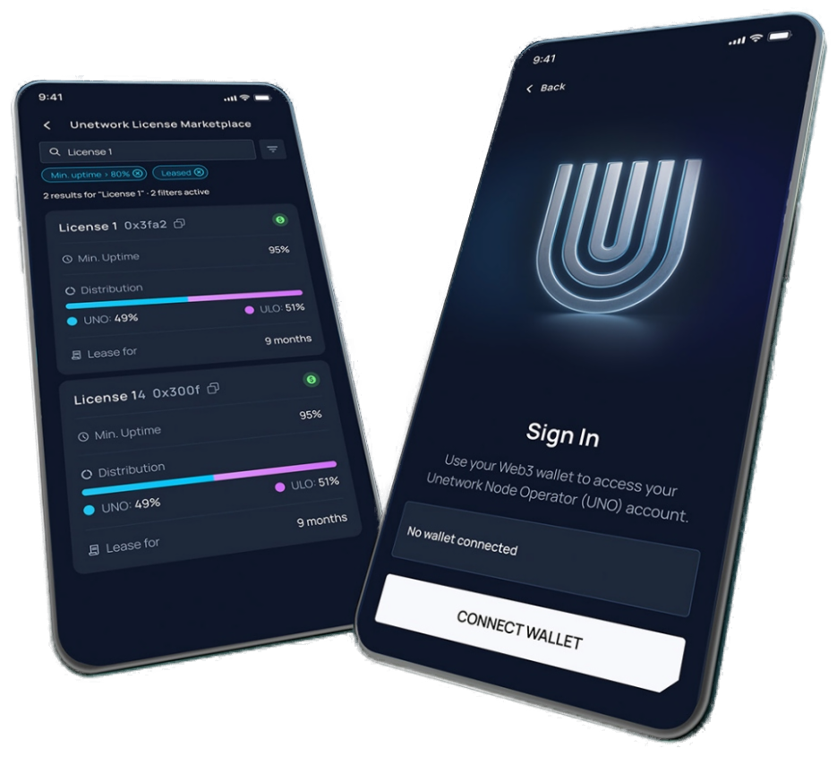 Unetwork app shown on two smartphones — the license marketplace and the sign-in screen