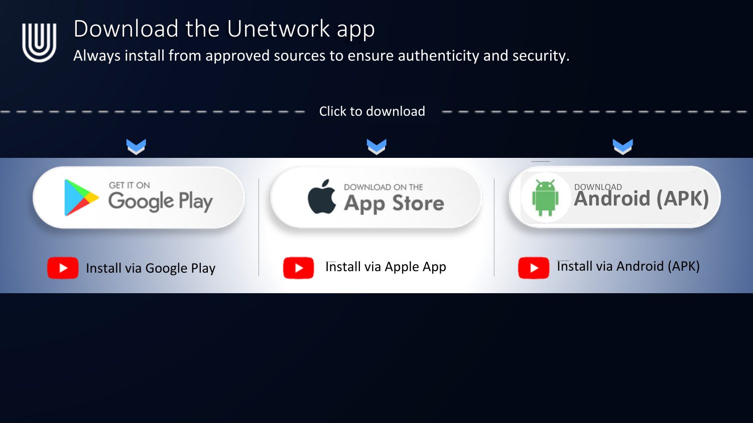 Download the Unetwork app from Google Play, the App Store, or Android APK