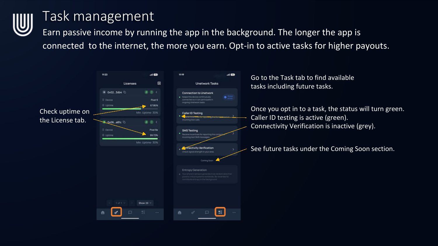 Task management overview showing uptime and task status