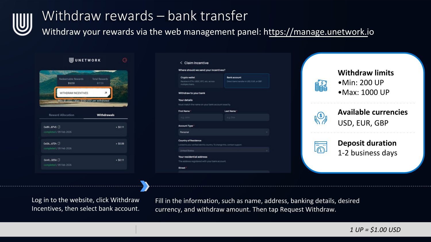 Withdrawing rewards via bank transfer