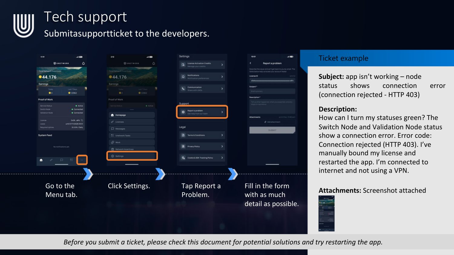 Submitting a support ticket from the app